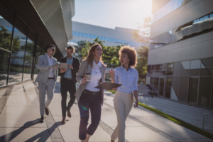 group of professionals walking outside an office building