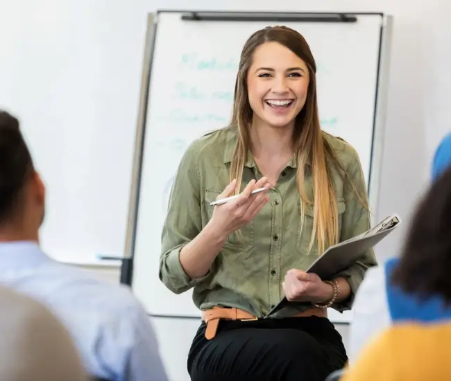 professional speaking in front of a group